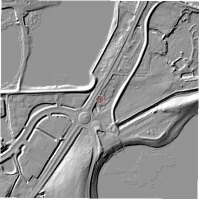 Shaded relief map of the ground around WF27BN, computed from Environment Agency LiDAR. The ground here sits at about 25 m above sea level and falls 9 m across the surrounding 800 m. Surface water reaching this point runs off ground lying to the south, 5.8 m higher.