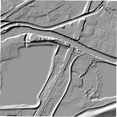 Shaded relief map of the ground around WF27BQ, computed from Environment Agency LiDAR. The ground here sits at about 25 m above sea level and falls 13 m across the surrounding 800 m. Surface water reaching this point runs off ground lying to the south-south-west, 3.5 m higher.