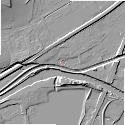 Shaded relief map of the ground around WF27BT, computed from Environment Agency LiDAR. The ground here sits at about 26 m above sea level and falls 17 m across the surrounding 800 m. Surface water reaching this point runs off ground lying to the north-west, 4.4 m higher.