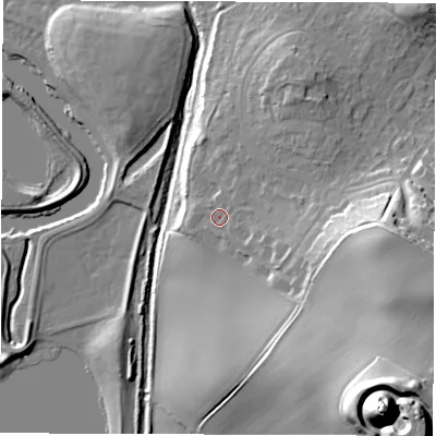 Shaded relief map of the ground around WF27DH, computed from Environment Agency LiDAR. The ground here sits at about 33 m above sea level and falls 51 m across the surrounding 800 m. Surface water reaching this point runs off ground lying to the east-south-east, 10.9 m higher.
