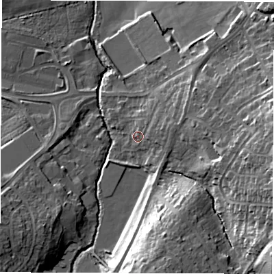 Shaded relief map of the ground around WF27EA, computed from Environment Agency LiDAR. The ground here sits at about 30 m above sea level and falls 25 m across the surrounding 800 m. Surface water reaching this point runs off ground lying to the east-north-east, 4.9 m higher.