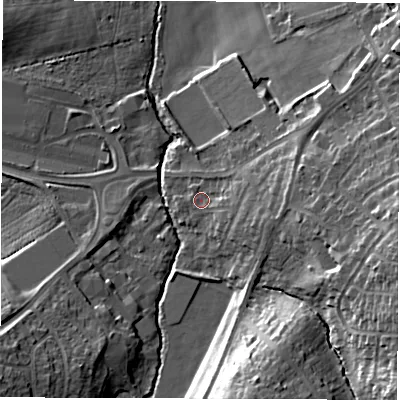 Shaded relief map of the ground around WF27EB, computed from Environment Agency LiDAR. The ground here sits at about 28 m above sea level and falls 21 m across the surrounding 800 m. Surface water reaching this point runs off ground lying to the east, 7.5 m higher.