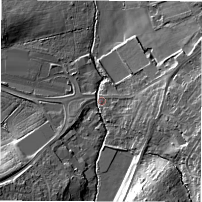 Shaded relief map of the ground around WF27EE, computed from Environment Agency LiDAR. The ground here sits at about 28 m above sea level and falls 20 m across the surrounding 800 m. Surface water reaching this point runs off ground lying to the south-south-east, 19.0 m higher.