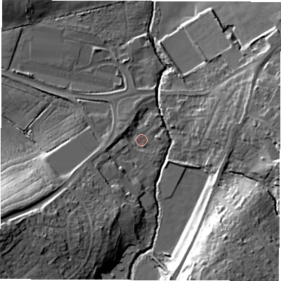 Shaded relief map of the ground around WF27EF, computed from Environment Agency LiDAR. The ground here sits at about 27 m above sea level and falls 24 m across the surrounding 800 m. Surface water reaching this point runs off ground lying to the west-south-west, 16.4 m higher.