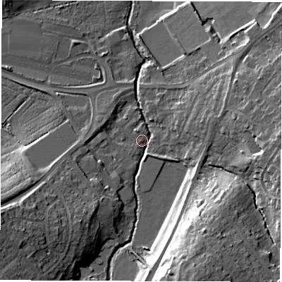 Shaded relief map of the ground around WF27EG, computed from Environment Agency LiDAR. The ground here sits at about 28 m above sea level and falls 24 m across the surrounding 800 m. Surface water reaching this point runs off ground lying to the south-south-east, 21.8 m higher.