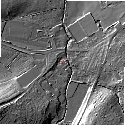 Shaded relief map of the ground around WF27EH, computed from Environment Agency LiDAR. The ground here sits at about 27 m above sea level and falls 22 m across the surrounding 800 m. Surface water reaching this point runs off ground lying to the south-west, 15.9 m higher.