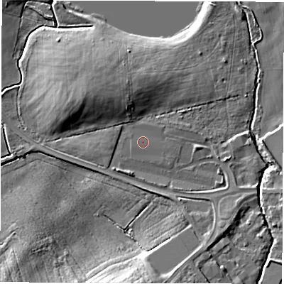 Shaded relief map of the ground around WF27EQ, computed from Environment Agency LiDAR. The ground here sits at about 27 m above sea level and falls 11 m across the surrounding 800 m. The ground contributing surface water to this point lies to the east-north-east.