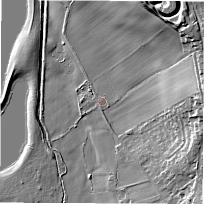 Shaded relief map of the ground around WF27JA, computed from Environment Agency LiDAR. The ground here sits at about 26 m above sea level and falls 42 m across the surrounding 800 m. Surface water reaching this point runs off ground lying to the north-east, 36.3 m higher.