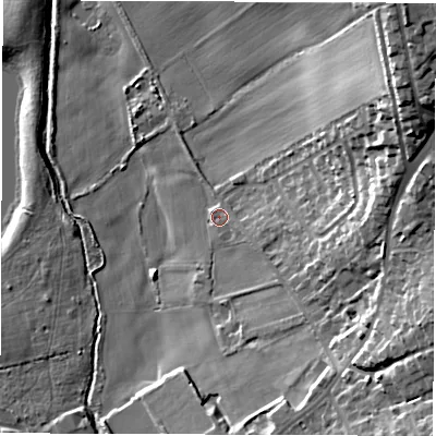 Shaded relief map of the ground around WF27JB, computed from Environment Agency LiDAR. The ground here sits at about 27 m above sea level and falls 38 m across the surrounding 800 m. Surface water reaching this point runs off ground lying to the east-south-east, 2.2 m higher.