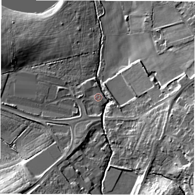 Shaded relief map of the ground around WF27JE, computed from Environment Agency LiDAR. The ground here sits at about 26 m above sea level and falls 17 m across the surrounding 800 m. Surface water reaching this point runs off ground lying to the west, 1.8 m higher.