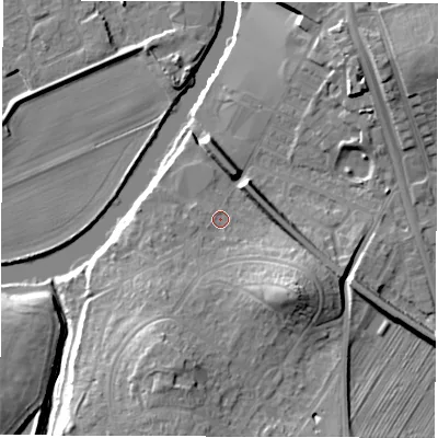 Shaded relief map of the ground around WF27JJ, computed from Environment Agency LiDAR. The ground here sits at about 26 m above sea level and falls 15 m across the surrounding 800 m. Surface water reaching this point runs off ground lying to the south-south-west, 10.8 m higher.