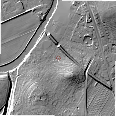 Shaded relief map of the ground around WF27JL, computed from Environment Agency LiDAR. The ground here sits at about 26 m above sea level and falls 15 m across the surrounding 800 m. Surface water reaching this point runs off ground lying to the south-east, 10.8 m higher.