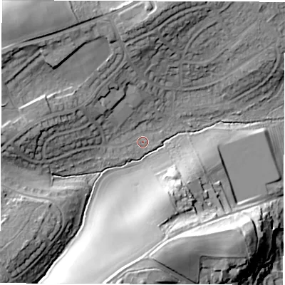 Shaded relief map of the ground around WF27QE, computed from Environment Agency LiDAR. The ground here sits at about 34 m above sea level and falls 34 m across the surrounding 800 m. Surface water reaching this point runs off ground lying to the west, 15.2 m higher.