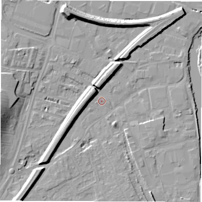 Shaded relief map of the ground around WF27QU, computed from Environment Agency LiDAR. The ground here sits at about 24 m above sea level and falls 14 m across the surrounding 800 m. Surface water reaching this point runs off ground lying to the south-west, 6.7 m higher.