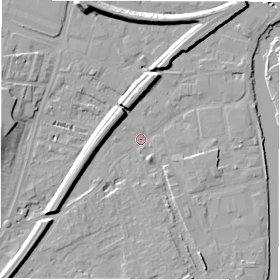 Shaded relief map of the ground around WF27QX, computed from Environment Agency LiDAR. The ground here sits at about 23 m above sea level and falls 14 m across the surrounding 800 m. Surface water reaching this point runs off ground lying to the south-west, 6.7 m higher.