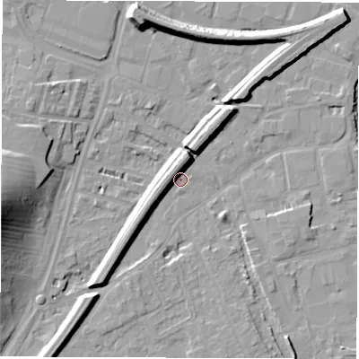 Shaded relief map of the ground around WF27QY, computed from Environment Agency LiDAR. The ground here sits at about 24 m above sea level and falls 21 m across the surrounding 800 m. Surface water reaching this point runs off ground lying to the west-south-west, 9.2 m higher.