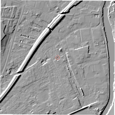 Shaded relief map of the ground around WF27QZ, computed from Environment Agency LiDAR. The ground here sits at about 24 m above sea level and falls 10 m across the surrounding 800 m. Surface water reaching this point runs off ground lying to the south-east, 3.8 m higher.