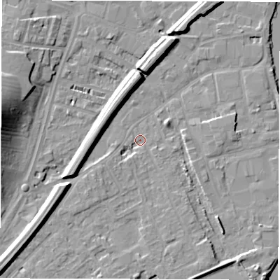 Shaded relief map of the ground around WF27RA, computed from Environment Agency LiDAR. The ground here sits at about 23 m above sea level and falls 18 m across the surrounding 800 m. Surface water reaching this point runs off ground lying to the south-west, 7.6 m higher.