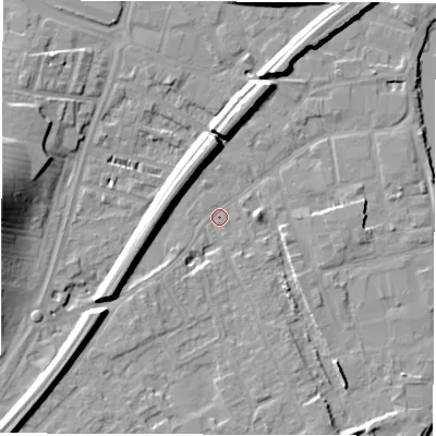 Shaded relief map of the ground around WF27RB, computed from Environment Agency LiDAR. The ground here sits at about 23 m above sea level and falls 17 m across the surrounding 800 m. Surface water reaching this point runs off ground lying to the south-west, 7.6 m higher.