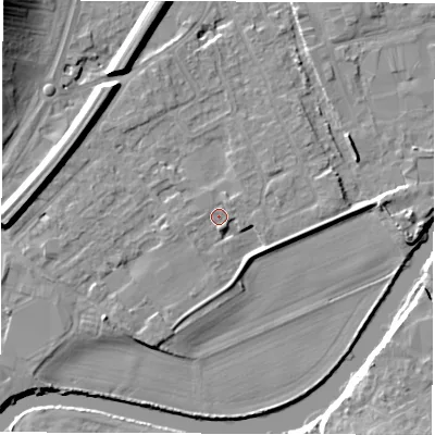 Shaded relief map of the ground around WF27RD, computed from Environment Agency LiDAR. The ground here sits at about 25 m above sea level and falls 16 m across the surrounding 800 m. Surface water reaching this point runs off ground lying to the west, 1.9 m higher.