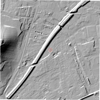 Shaded relief map of the ground around WF27RE, computed from Environment Agency LiDAR. The ground here sits at about 24 m above sea level and falls 31 m across the surrounding 800 m. Surface water reaching this point runs off ground lying to the west, 19.0 m higher.