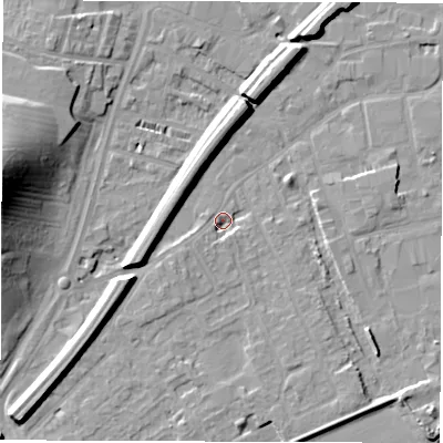 Shaded relief map of the ground around WF27RF, computed from Environment Agency LiDAR. The ground here sits at about 23 m above sea level and falls 25 m across the surrounding 800 m. Surface water reaching this point runs off ground lying to the south-west, 7.6 m higher.