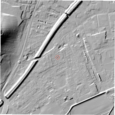 Shaded relief map of the ground around WF27RG, computed from Environment Agency LiDAR. The ground here sits at about 25 m above sea level and falls 29 m across the surrounding 800 m. Surface water reaching this point runs off ground lying to the north-north-west, 0.7 m higher.