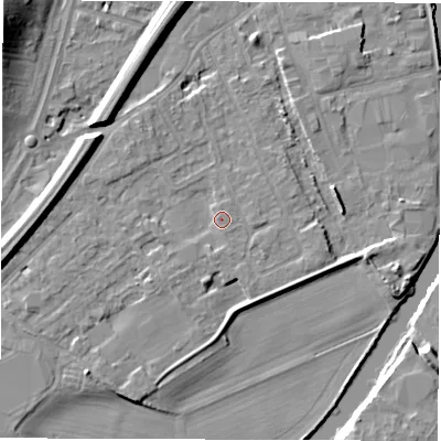 Shaded relief map of the ground around WF27RH, computed from Environment Agency LiDAR. The ground here sits at about 25 m above sea level and falls 14 m across the surrounding 800 m. Surface water reaching this point runs off ground lying to the south-south-west, 3.1 m higher.
