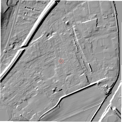 Shaded relief map of the ground around WF27RJ, computed from Environment Agency LiDAR. The ground here sits at about 24 m above sea level and falls 12 m across the surrounding 800 m. Surface water reaching this point runs off ground lying to the south-south-east, 1.3 m higher.