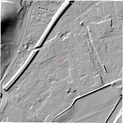 Shaded relief map of the ground around WF27RL, computed from Environment Agency LiDAR. The ground here sits at about 24 m above sea level and falls 27 m across the surrounding 800 m. Surface water reaching this point runs off ground lying to the west-south-west, 6.7 m higher.