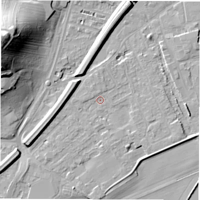 Shaded relief map of the ground around WF27RN, computed from Environment Agency LiDAR. The ground here sits at about 24 m above sea level and falls 36 m across the surrounding 800 m. Surface water reaching this point runs off ground lying to the west-north-west, 20.2 m higher.
