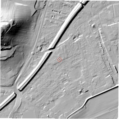 Shaded relief map of the ground around WF27RP, computed from Environment Agency LiDAR. The ground here sits at about 25 m above sea level and falls 38 m across the surrounding 800 m. Surface water reaching this point runs off ground lying to the south-west, 0.6 m higher.