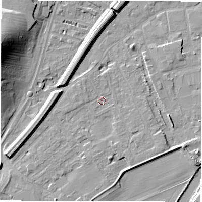 Shaded relief map of the ground around WF27RQ, computed from Environment Agency LiDAR. The ground here sits at about 24 m above sea level and falls 26 m across the surrounding 800 m. Surface water reaching this point runs off ground lying to the west-south-west, 6.7 m higher.