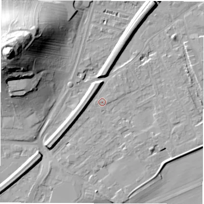 Shaded relief map of the ground around WF27RR, computed from Environment Agency LiDAR. The ground here sits at about 25 m above sea level and falls 44 m across the surrounding 800 m. Surface water reaching this point runs off ground lying to the east, 0.6 m higher.