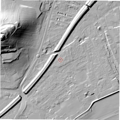 Shaded relief map of the ground around WF27RS, computed from Environment Agency LiDAR. The ground here sits at about 25 m above sea level and falls 44 m across the surrounding 800 m. Surface water reaching this point runs off ground lying to the south, 0.9 m higher.