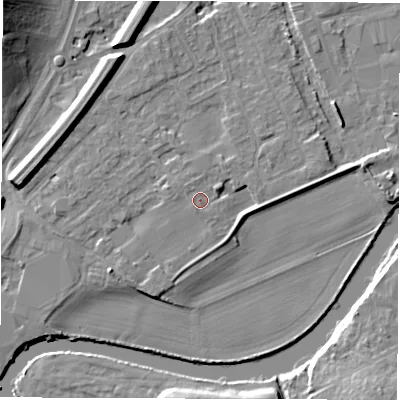 Shaded relief map of the ground around WF27RT, computed from Environment Agency LiDAR. The ground here sits at about 25 m above sea level and falls 17 m across the surrounding 800 m. Surface water reaching this point runs off ground lying to the west-south-west, 2.1 m higher.