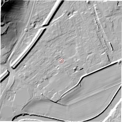 Shaded relief map of the ground around WF27RU, computed from Environment Agency LiDAR. The ground here sits at about 25 m above sea level and falls 35 m across the surrounding 800 m. Surface water reaching this point runs off ground lying to the south-south-west, 1.1 m higher.