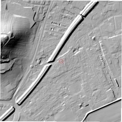Shaded relief map of the ground around WF27RW, computed from Environment Agency LiDAR. The ground here sits at about 25 m above sea level and falls 38 m across the surrounding 800 m. Surface water reaching this point runs off ground lying to the south-south-east, 1.1 m higher.