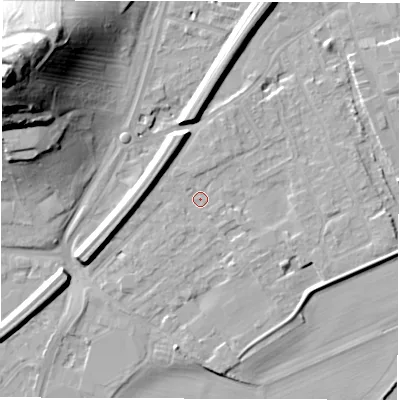 Shaded relief map of the ground around WF27RX, computed from Environment Agency LiDAR. The ground here sits at about 25 m above sea level and falls 45 m across the surrounding 800 m. Surface water reaching this point runs off ground lying to the west-north-west, 34.6 m higher.