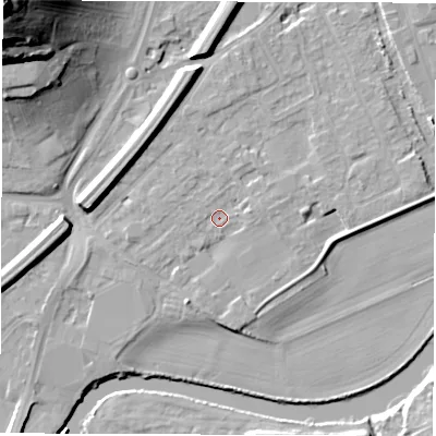 Shaded relief map of the ground around WF27RY, computed from Environment Agency LiDAR. The ground here sits at about 25 m above sea level and falls 44 m across the surrounding 800 m. Surface water reaching this point runs off ground lying to the south-south-west, 2.9 m higher.