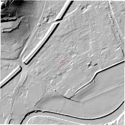Shaded relief map of the ground around WF27RZ, computed from Environment Agency LiDAR. The ground here sits at about 25 m above sea level and falls 45 m across the surrounding 800 m. Surface water reaching this point runs off ground lying to the south-south-west, 2.9 m higher.