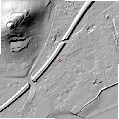 Shaded relief map of the ground around WF27SA, computed from Environment Agency LiDAR. The ground here sits at about 25 m above sea level and falls 44 m across the surrounding 800 m. Surface water reaching this point runs off ground lying to the north-west, 42.6 m higher.