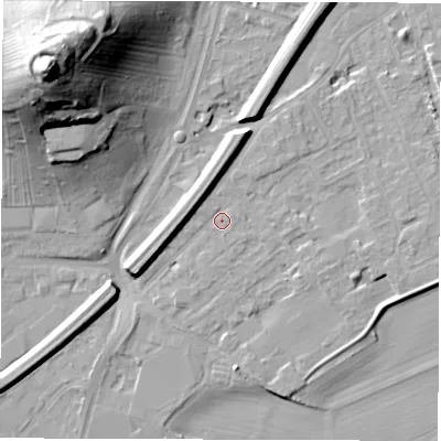 Shaded relief map of the ground around WF27SB, computed from Environment Agency LiDAR. The ground here sits at about 25 m above sea level and falls 44 m across the surrounding 800 m. Surface water reaching this point runs off ground lying to the north-west, 42.6 m higher.