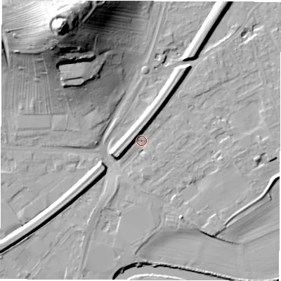 Shaded relief map of the ground around WF27SD, computed from Environment Agency LiDAR. The ground here sits at about 25 m above sea level and falls 45 m across the surrounding 800 m. Surface water reaching this point runs off ground lying to the north-west, 42.6 m higher.