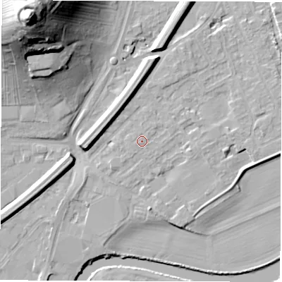 Shaded relief map of the ground around WF27SE, computed from Environment Agency LiDAR. The ground here sits at about 26 m above sea level and falls 45 m across the surrounding 800 m. Surface water reaching this point runs off ground lying to the west-south-west, 0.5 m higher.