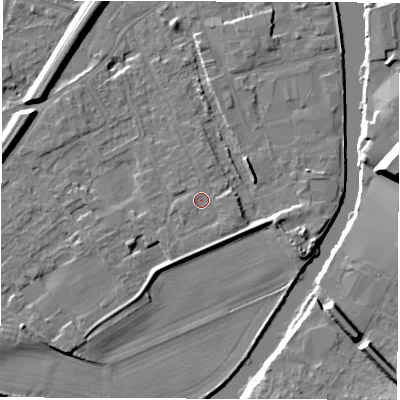 Shaded relief map of the ground around WF27SF, computed from Environment Agency LiDAR. The ground here sits at about 25 m above sea level and falls 14 m across the surrounding 800 m. Surface water reaching this point runs off ground lying to the west-south-west, 0.5 m higher.