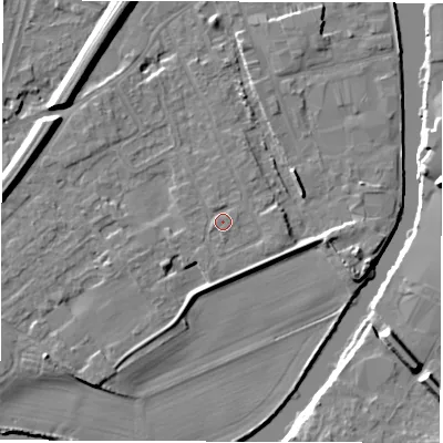 Shaded relief map of the ground around WF27SG, computed from Environment Agency LiDAR. The ground here sits at about 25 m above sea level and falls 10 m across the surrounding 800 m. Surface water reaching this point runs off ground lying to the south-west, 3.1 m higher.