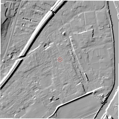 Shaded relief map of the ground around WF27SH, computed from Environment Agency LiDAR. The ground here sits at about 24 m above sea level and falls 10 m across the surrounding 800 m. Surface water reaching this point runs off ground lying to the west-south-west, 6.7 m higher.