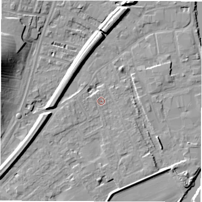 Shaded relief map of the ground around WF27SQ, computed from Environment Agency LiDAR. The ground here sits at about 24 m above sea level and falls 18 m across the surrounding 800 m. Surface water reaching this point runs off ground lying to the west-south-west, 6.4 m higher.