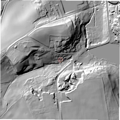 Shaded relief map of the ground around WF27SU, computed from Environment Agency LiDAR. The ground here sits at about 41 m above sea level and falls 36 m across the surrounding 800 m. Surface water reaching this point runs off ground lying to the west, 25.2 m higher.